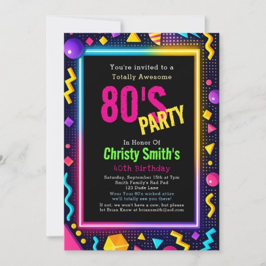 Custom Retro Neon 80's Birthday Party Kaart (Voorkant)