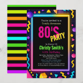 Custom Retro Neon 80's Birthday Party Kaart (Voorkant / Achterkant)