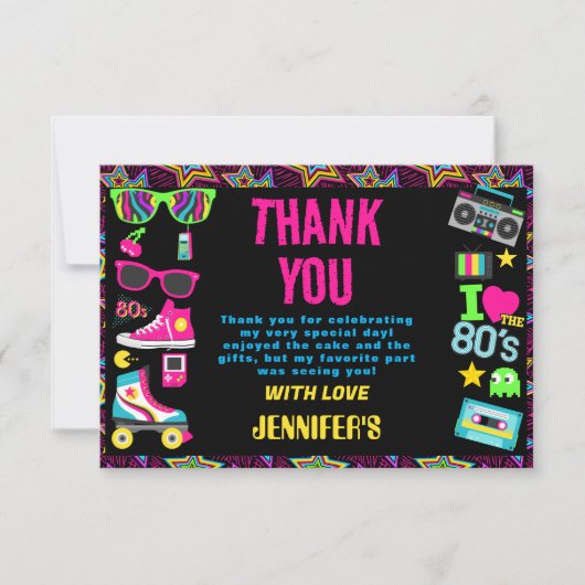 Custom Retro Neon 80's Verjaardagsfeest Bedankkaart (Voorkant)