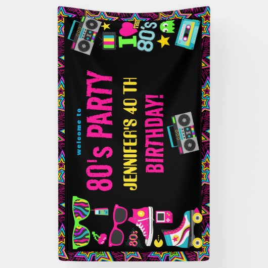 Custom Retro Neon 80's Verjaardagsfeest Spandoek (Verticaal)