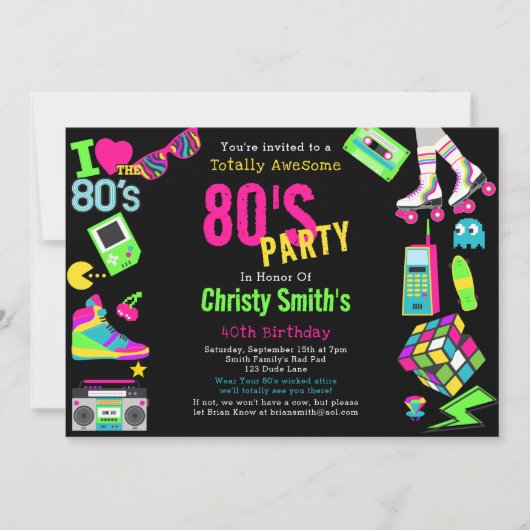 Custom Retro Neon 80's Verjaardagsfeestuitnodiging Kaart (Voorkant)