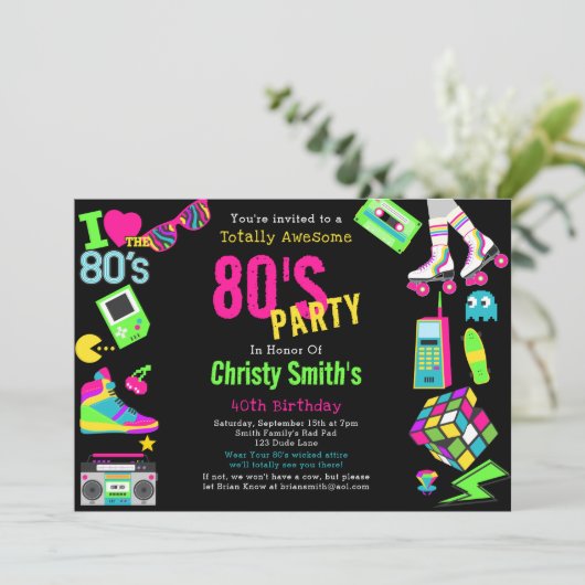 Custom Retro Neon 80's Verjaardagsfeestuitnodiging Kaart (Staand voorkant)