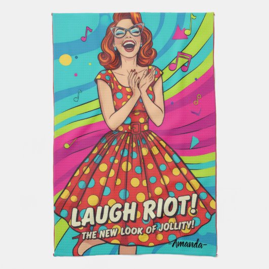 Custom retro painting laughing lady Jolly Red Theedoek (Verticaal)