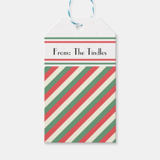 Custom Retro Rood Groen Verticaal Gestreepte Kerst Cadeaulabel (Voorkant)