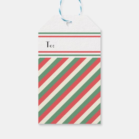 Custom Retro Rood Groen Verticaal Gestreepte Kerst Cadeaulabel (Achterkant)