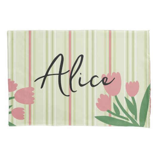 Custom retro stripes and floral green pink girly kussensloop (Voorkant)