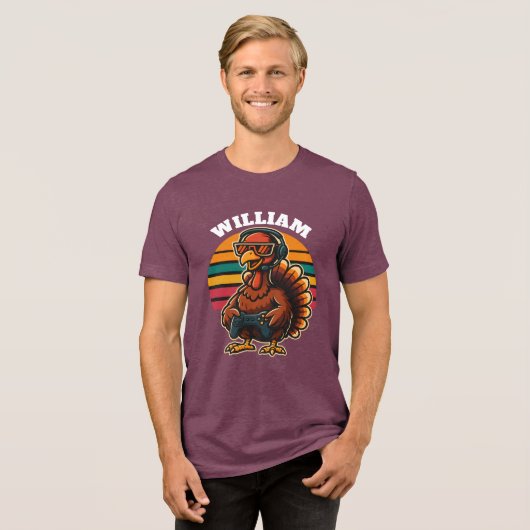 Custom Retro Thanksgiving Turkey Gamer Tri-Blend Shirt (Voorkant volledig)