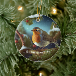 Custom robin over een besneeuwde boom keramisch ornament