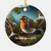 Custom robin over een besneeuwde boom keramisch ornament (Voorkant)