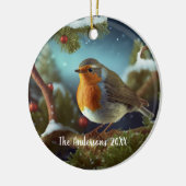 Custom robin over een besneeuwde boom keramisch ornament (Links)
