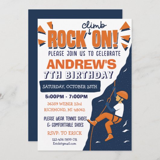 Custom Rock Climbing Birthday Party Invitation Kaart (Voorkant / Achterkant)