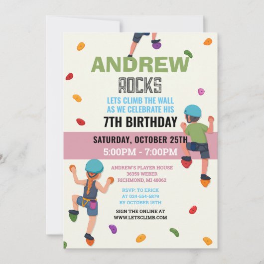 Custom Rock Climbing Birthday Party Invitation Kaart (Voorkant)