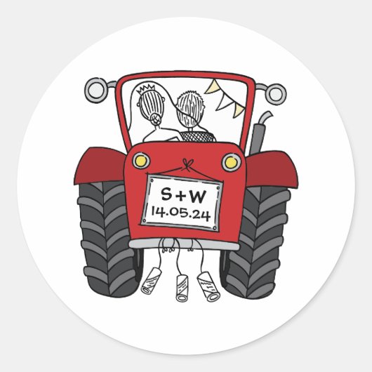 Custom Rode Tractor Country Barn Rustieke Bruiloft Ronde Sticker (Voorkant)