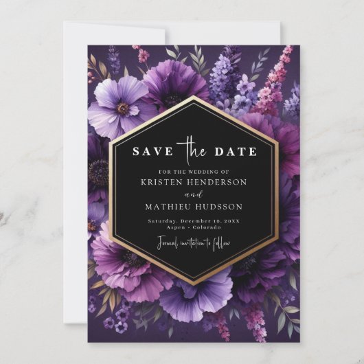Custom Romance Paarse Bloemen bruiloft Save The Date (Voorkant)