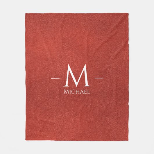 Custom Rood Bruin Leer Look Monogram Naam Fleece Deken (Voorkant)