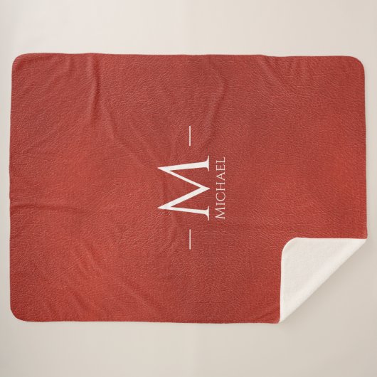 Custom Rood Bruin Leer Look Monogram Naam Groot Sherpa Deken (Voorkant (horizontaal))