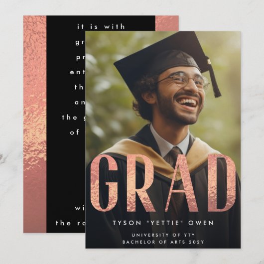 Custom Roos Gold Foil Nick Naam AFSTUDEERDER Foto Aankondiging (Voorkant / Achterkant)