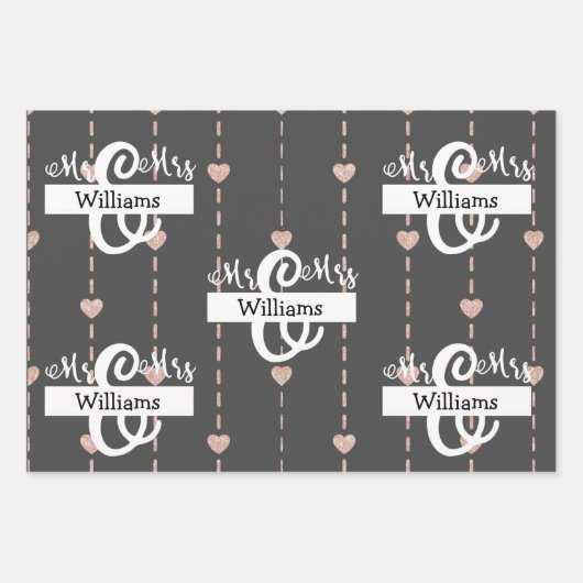 Custom Roos Gold Heart Pattern Mr & Mrs Wedding Inpakpapier Vel (Voorkant 2)