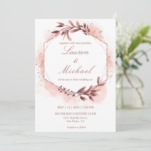 Custom Roos Goud Geometrische Bloemen Lijsten Wedd Kaart (Staand voorkant)