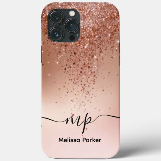 Custom Rose Gold Glitter Drip Monogram Case-Mate iPhone Case (Achterkant)