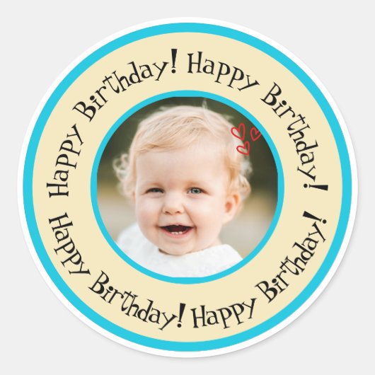 Custom Round Birthday Photo Beige & Turquoise Ronde Sticker (Voorkant)