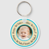 Custom Round Birthday Photo Beige & Turquoise Sleutelhanger (Voorkant)