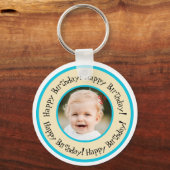 Custom Round Birthday Photo Beige & Turquoise Sleutelhanger (Voorkant)