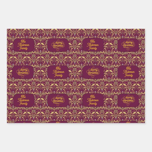 Custom Royal Burgundy & Gold Ornate Luxury Inpakpapier Vel (Voorkant 3)