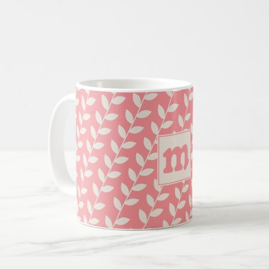 Custom Roze 70s Retro Leaf Patroon Monogram Koffiemok (Voorkant links)