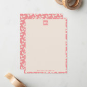 Custom Roze 70s Retro Leaf Patroon Monogram Notitiekaartje (Voorkant / Achterkant in situ)