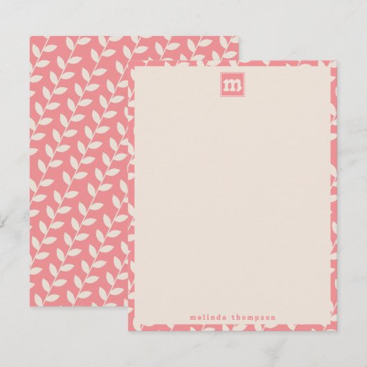 Custom Roze 70s Retro Leaf Patroon Monogram Notitiekaartje (Voorkant / Achterkant)