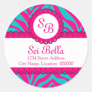 CUSTOM Roze Aqua Zebra Strepen en Kant Monogram Ronde Sticker