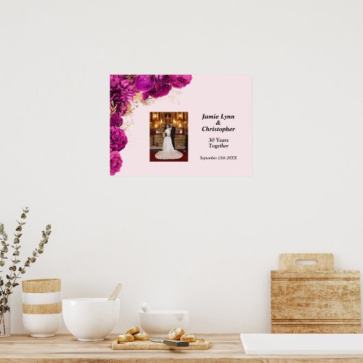 Custom Roze Bloemen Bruiloft Jubileum Poster (Keuken)