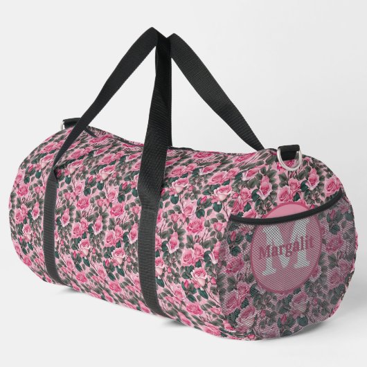 Custom Roze Bloemen Rozen Monogram Grote Duffel Ba Plunjezak (Rechterhoek)