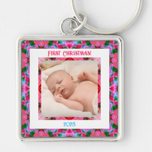 Custom Roze Groen Jolly Feestelijke Kerstfoto Sleutelhanger