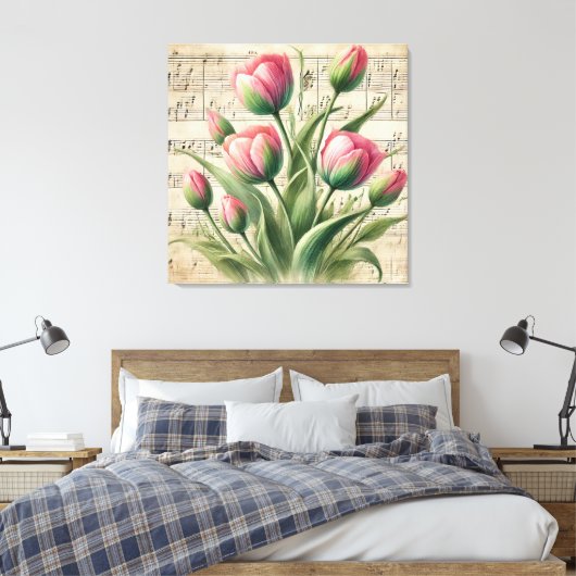 Custom Roze & Groene  Tulpen Bladmuziek Canvas Afdruk (Insitu (Slaapkamer))