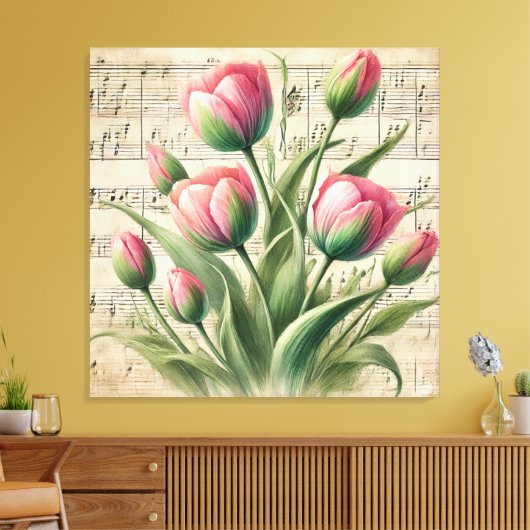 Custom Roze & Groene  Tulpen Bladmuziek Canvas Afdruk (Insitu (Woonkamer))