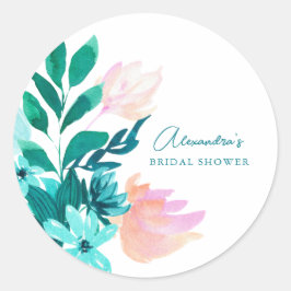 Custom Roze Groene Waterverf Bloemen Vrijgezellenf Ronde Sticker