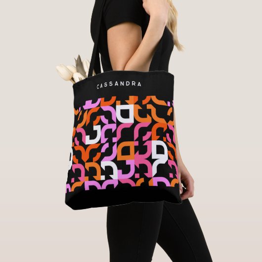 Custom Roze Paarse Sinaasappel Zwart Retro Art Pat Tote Bag (Dichtbij)