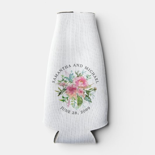 Custom Roze Pioen Bloemen Bruiloft DIY Flesjeskoeler (Voorkant)