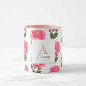 Custom Roze Rozen Bloemenkunst Monogram Vierkant W Mok (Midden)