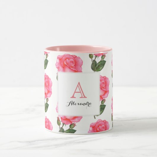 Custom Roze Rozen Bloemenkunst Monogram Vierkant W Mok (Midden)