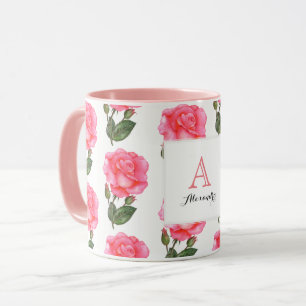 Custom Roze Rozen Bloemenkunst Monogram Vierkant W Mok