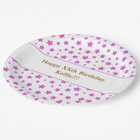 Custom roze sterren met bericht verjaardagsfeestje papieren bordje (Gekanteld)