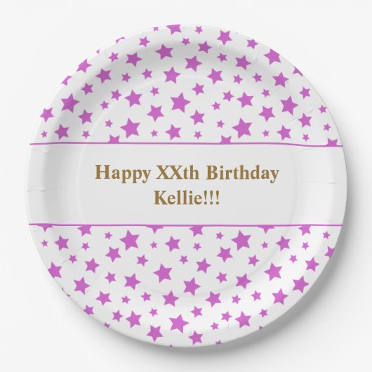Custom roze sterren met bericht verjaardagsfeestje papieren bordje (Voorkant)