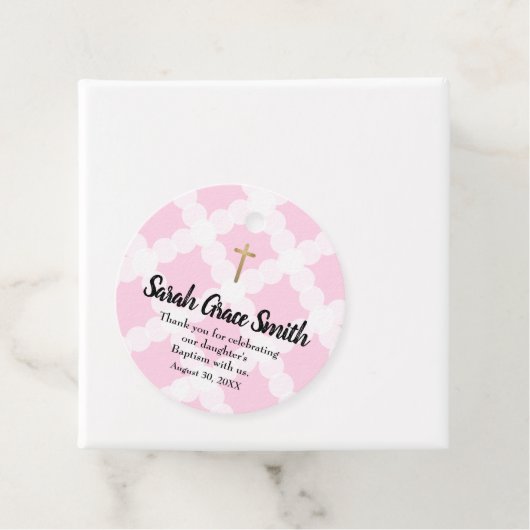 Custom roze wit baby meisje doop dank u bedankjes labels (In situ)