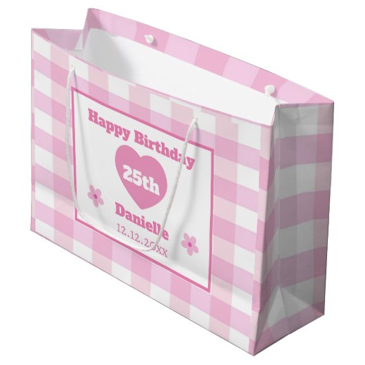 Custom Roze Wit Geruit Happy 25th Verjaardag Groot Cadeauzakje (Voorkant Gekanteld)
