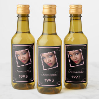 Custom Roze Zwart Foto Verjaardag Wijn Etiket