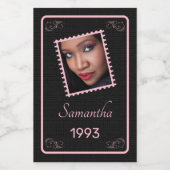 Custom Roze Zwart Foto Verjaardag Wijn Etiket (Enkel label)