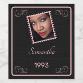 Custom Roze Zwart Foto Verjaardag Wijn Label Etiket (Enkel label)